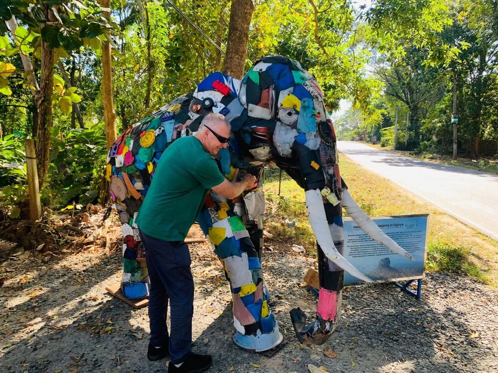 A life-size elephant sculpture built from salvaged plastic waste, made by ZeroPlastic Movement volunteers in Sri Lanka.