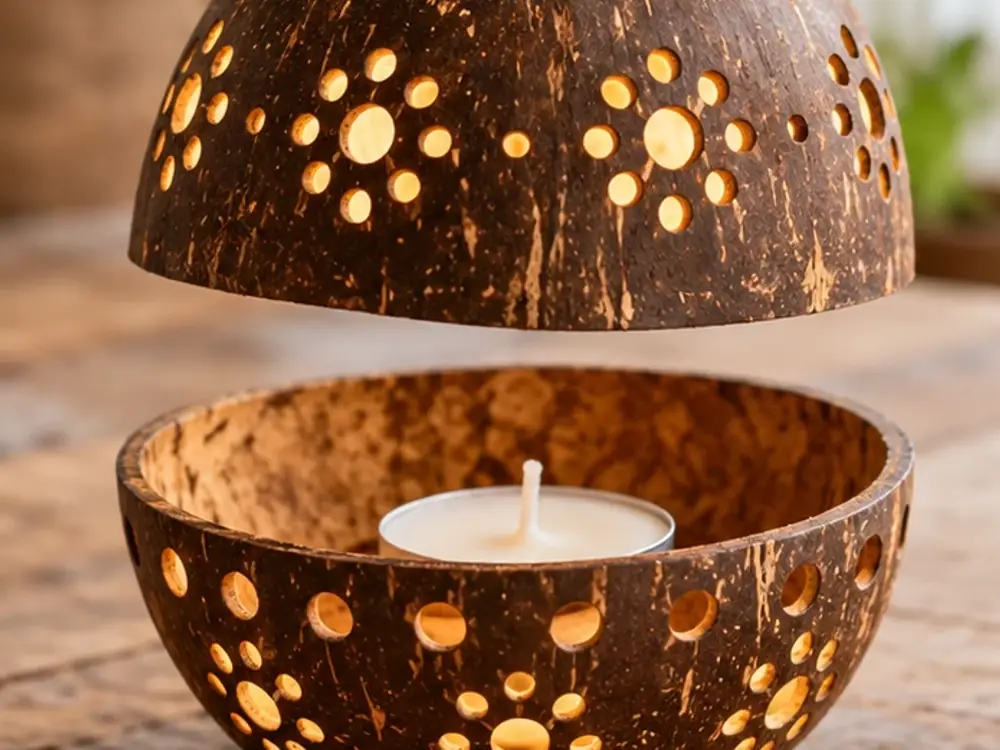 A visitor marking a decorative pattern onto a polished coconut shell.