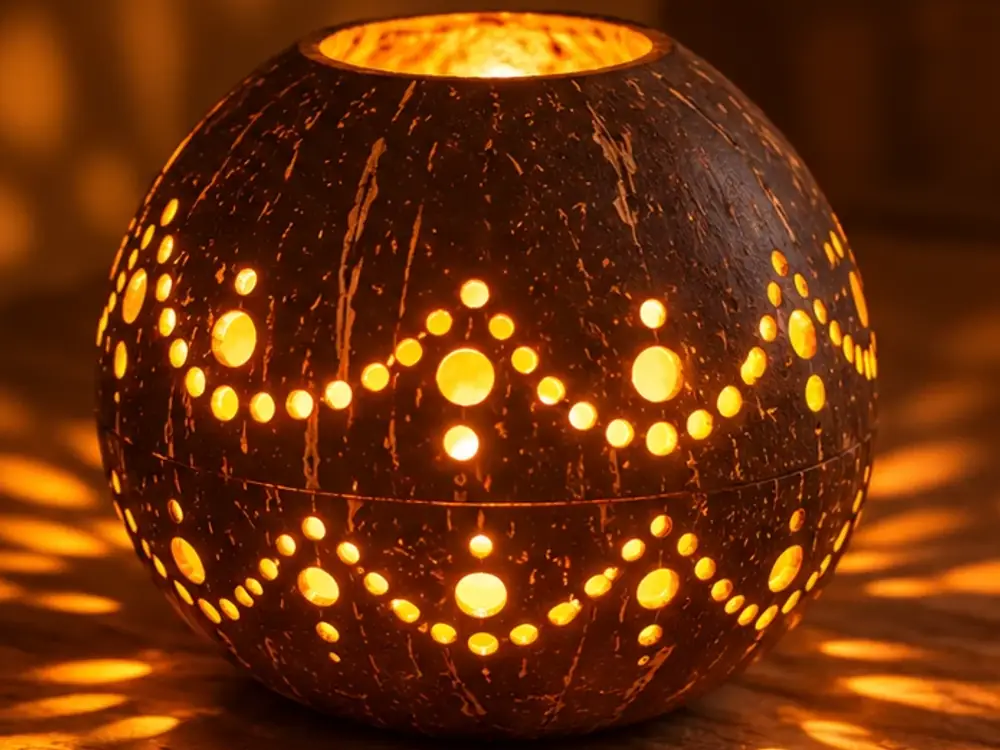 Light shining through the finished pattern of a coconut shell lamp.