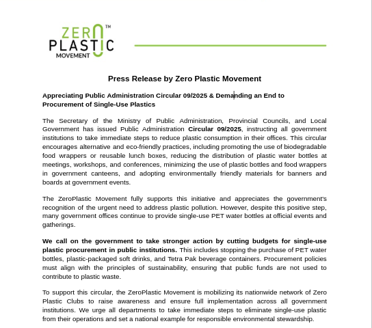 Press Release by Zero Plastic Movement